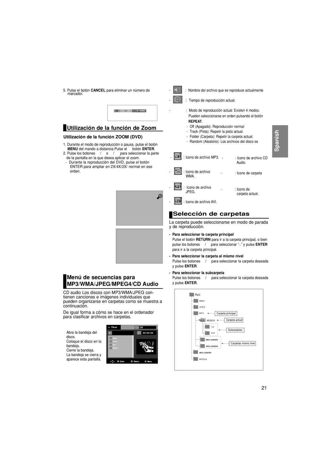 Samsung DVD-P370/EUR, DVD-P370/XEC manual Utilización de la función de Zoom, Selección de carpetas, Menú de secuencias para 