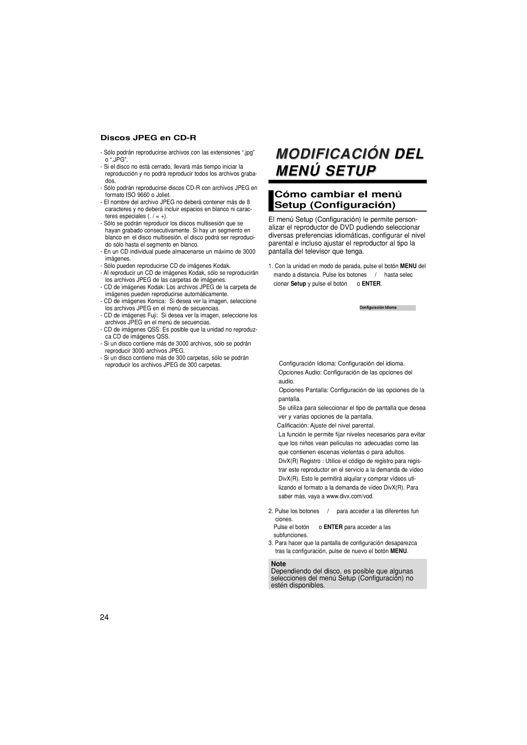 Samsung DVD-P370/XEC manual Modificación DEL Menú Setup, Cómo cambiar el menú Setup Configuración, Discos Jpeg en CD-R 