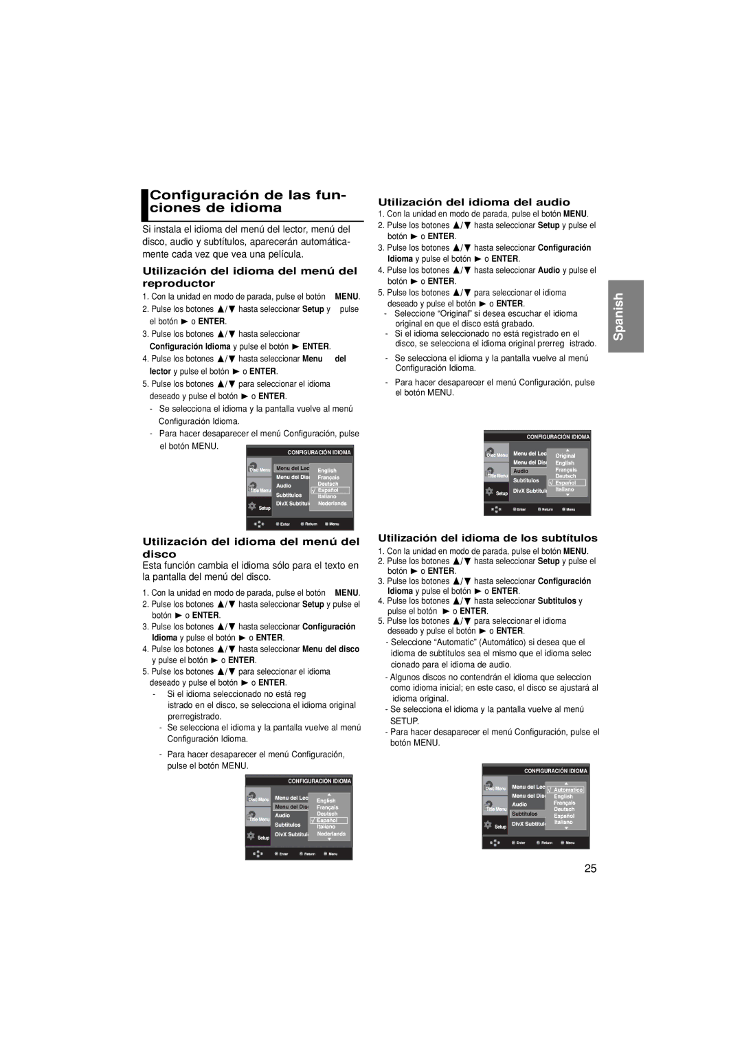 Samsung DVD-P370/EUR manual Configuración de las fun- ciones de idioma, Utilización del idioma del menú del reproductor 