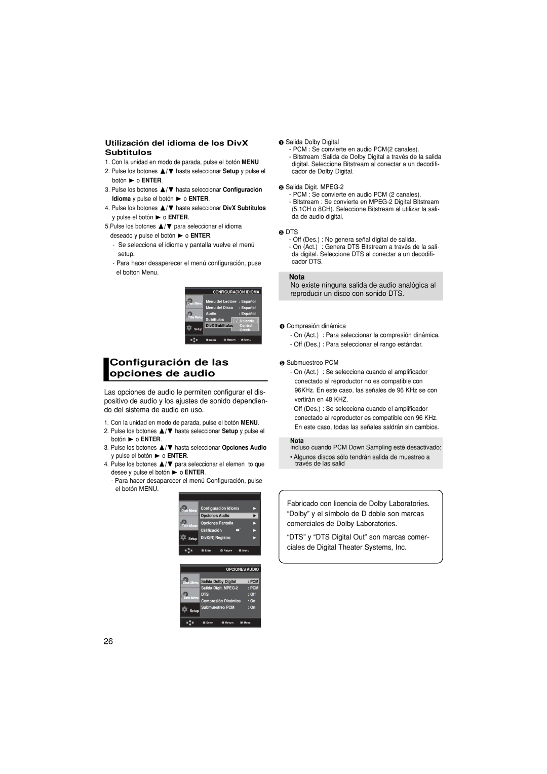 Samsung DVD-P370/XEC, DVD-P370/EUR Configuración de las opciones de audio, Utilización del idioma de los DivX Subtitulos 