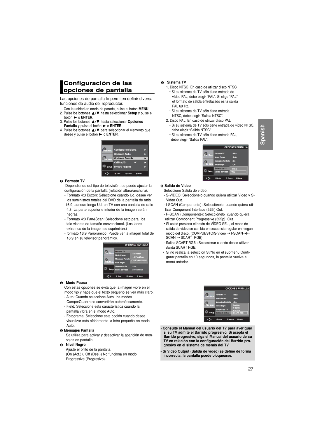 Samsung DVD-P370/EUR, DVD-P370/XEC manual Configuración de las opciones de pantalla 