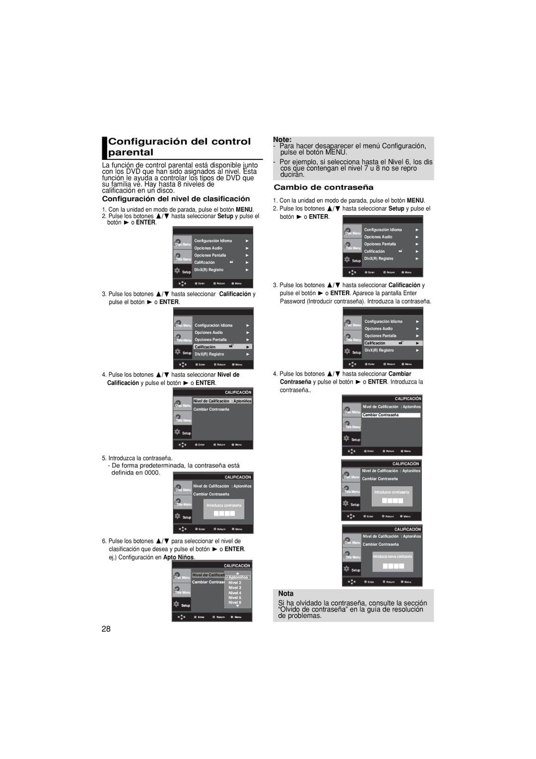 Samsung DVD-P370/XEC Configuración del control parental, Configuración del nivel de clasificación, Cambio de contraseña 