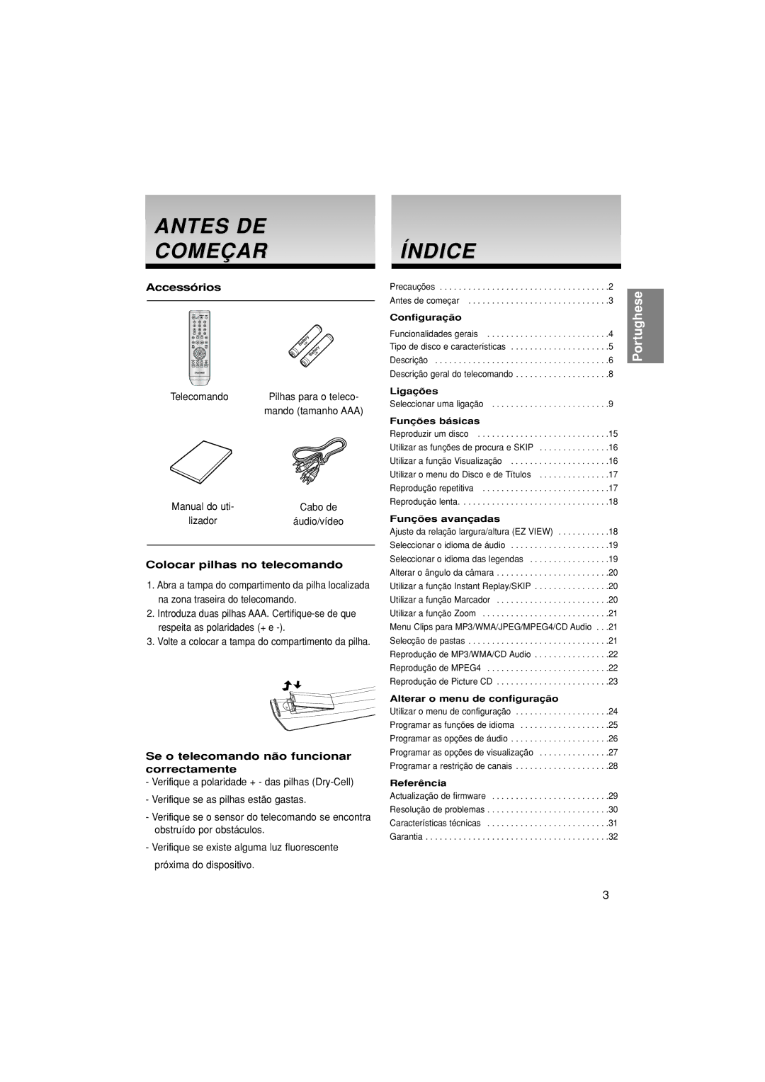 Samsung DVD-P370/EUR, DVD-P370/XEC manual Antes DE Começar, Índice, Accessórios, Colocar pilhas no telecomando 