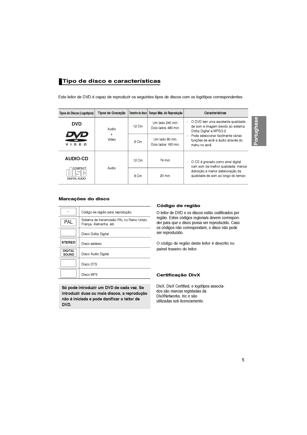 Samsung DVD-P370/EUR, DVD-P370/XEC manual Tipo de disco e características, Marcações do disco, Certificação DivX 