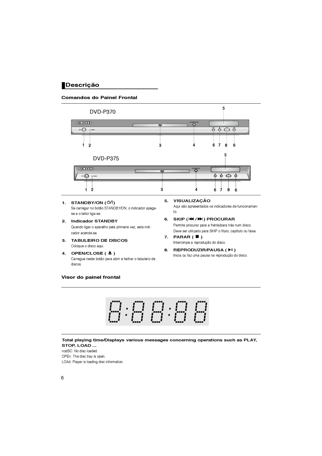 Samsung DVD-P370/XEC, DVD-P370/EUR manual Descrição, Comandos do Painel Frontal, Visor do painel frontal 