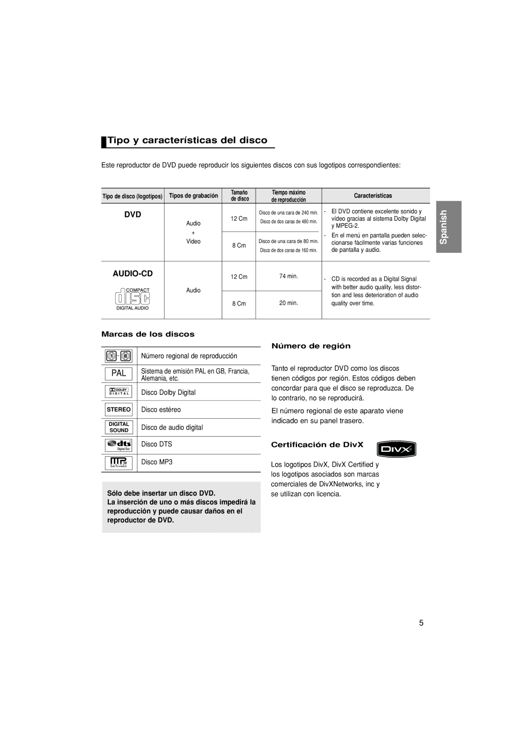 Samsung DVD-P370/EUR, DVD-P370/XEC manual Tipo y características del disco, Marcas de los discos, Certificación de DivX 