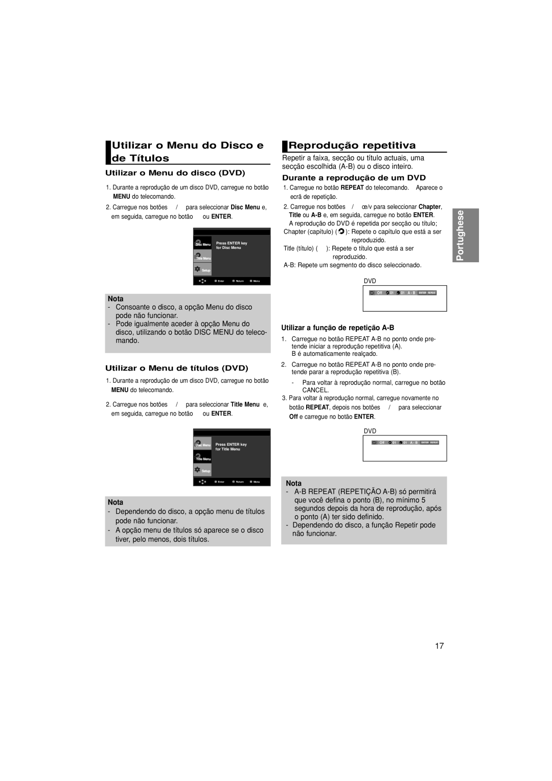 Samsung DVD-P370/EUR, DVD-P370/XEC manual Utilizar o Menu do Disco e de Títulos, Reprodução repetitiva 