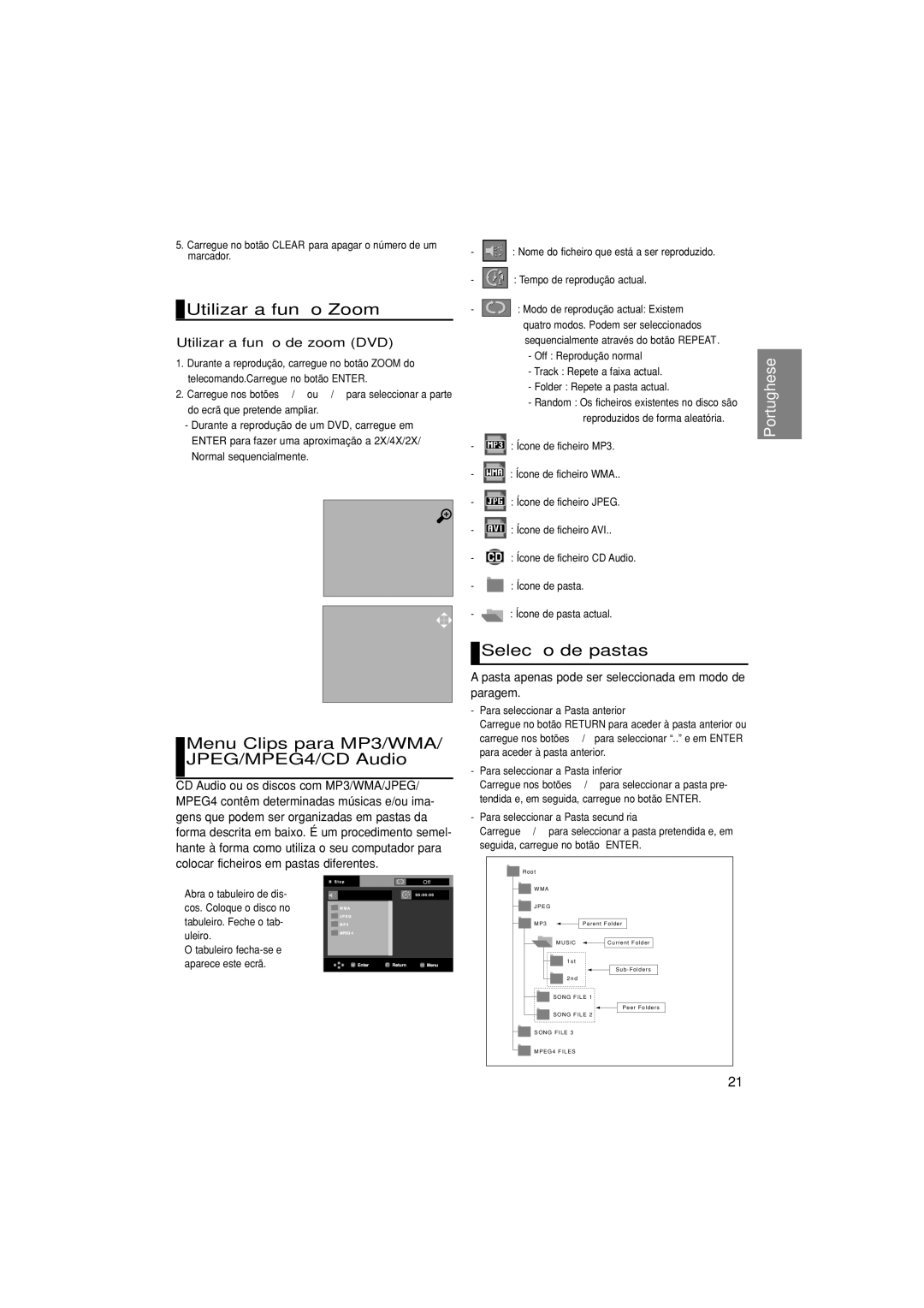 Samsung DVD-P370/EUR manual Utilizar a função Zoom, Menu Clips para MP3/WMA/ JPEG/MPEG4/CD Audio, Selecção de pastas 