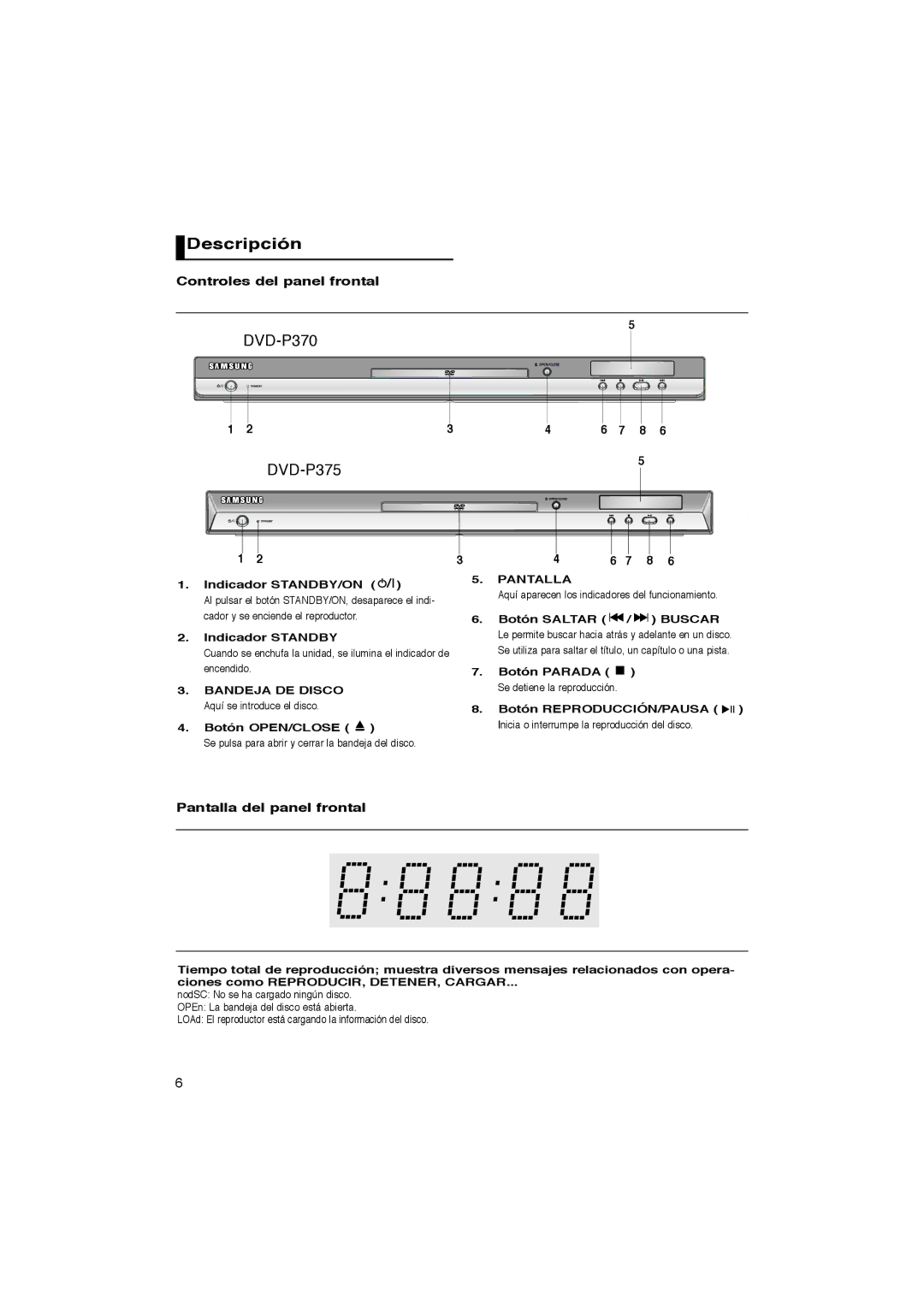 Samsung DVD-P370/XEC manual Descripción, Controles del panel frontal, Pantalla del panel frontal, Indicador STANDBY/ON 