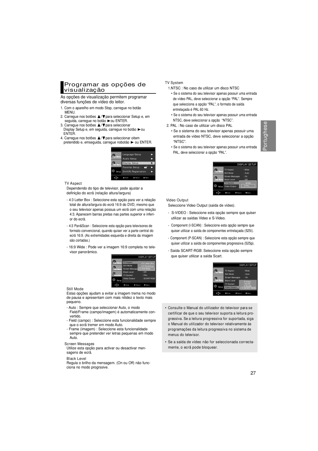 Samsung DVD-P370/EUR, DVD-P370/XEC manual Programar as opções de visualização 