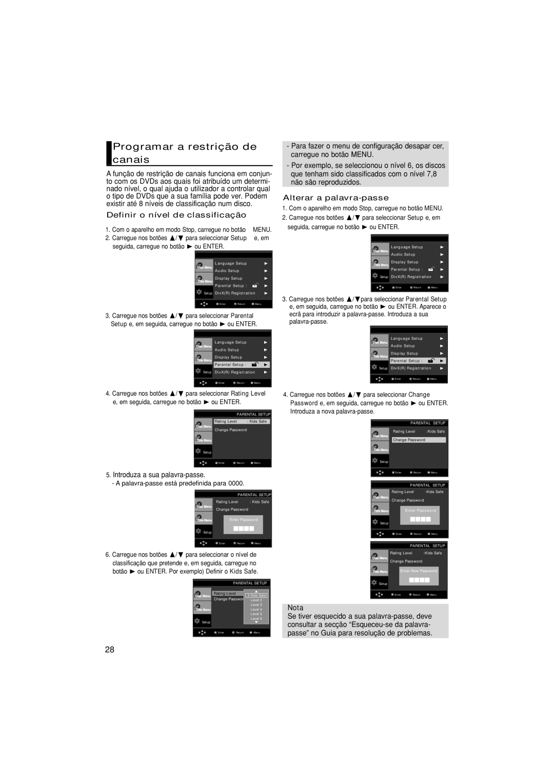 Samsung DVD-P370/XEC manual Programar a restrição de canais, Definir o nível de classificação, Alterar a palavra-passe 