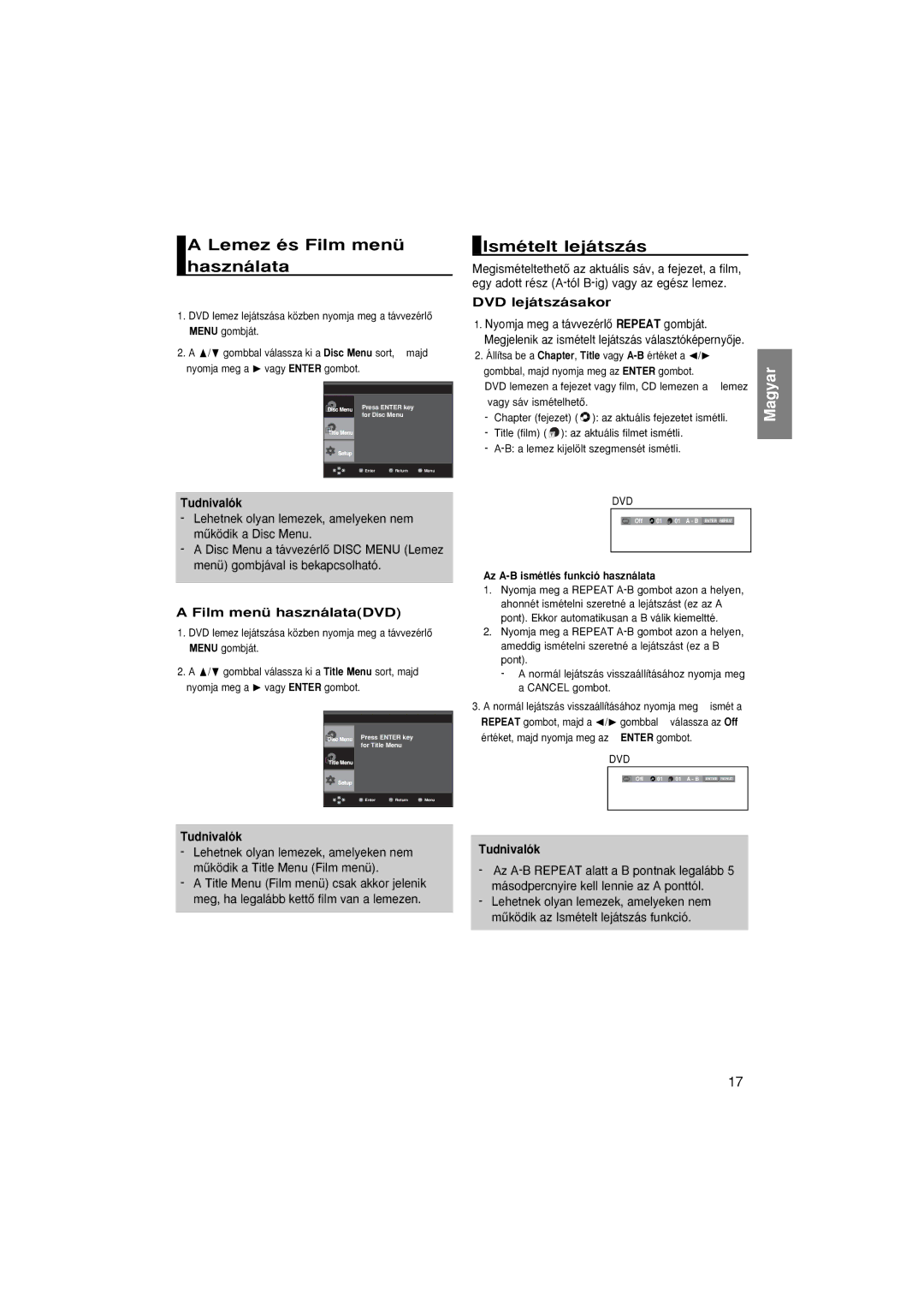 Samsung DVD-P370/NWT manual Lemez és Film menü használata, Ismételt lejátszás, Film menü használataDVD, DVD lejátszásakor 