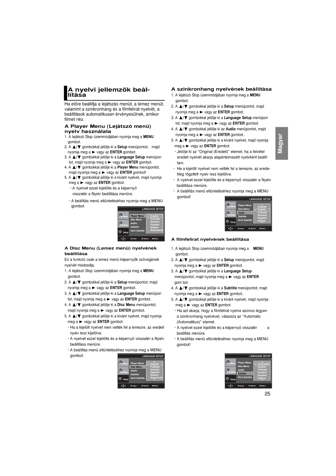 Samsung DVD-P370/NWT, DVD-P370/XEE manual Nyelvi jellemzŒk beál- lítása, Player Menu Lejátszó menü nyelv használata 