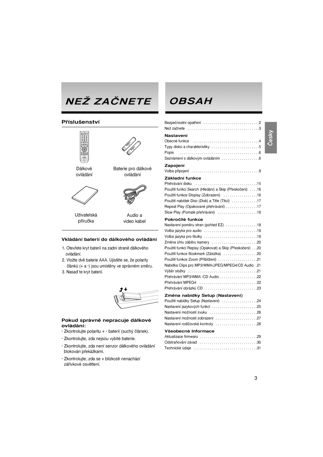 Samsung DVD-P370/XEE manual Pﬁíslu‰enství, Vkládání baterií do dálkového ovládání, Pokud správnû nepracuje dálkové ovládání 