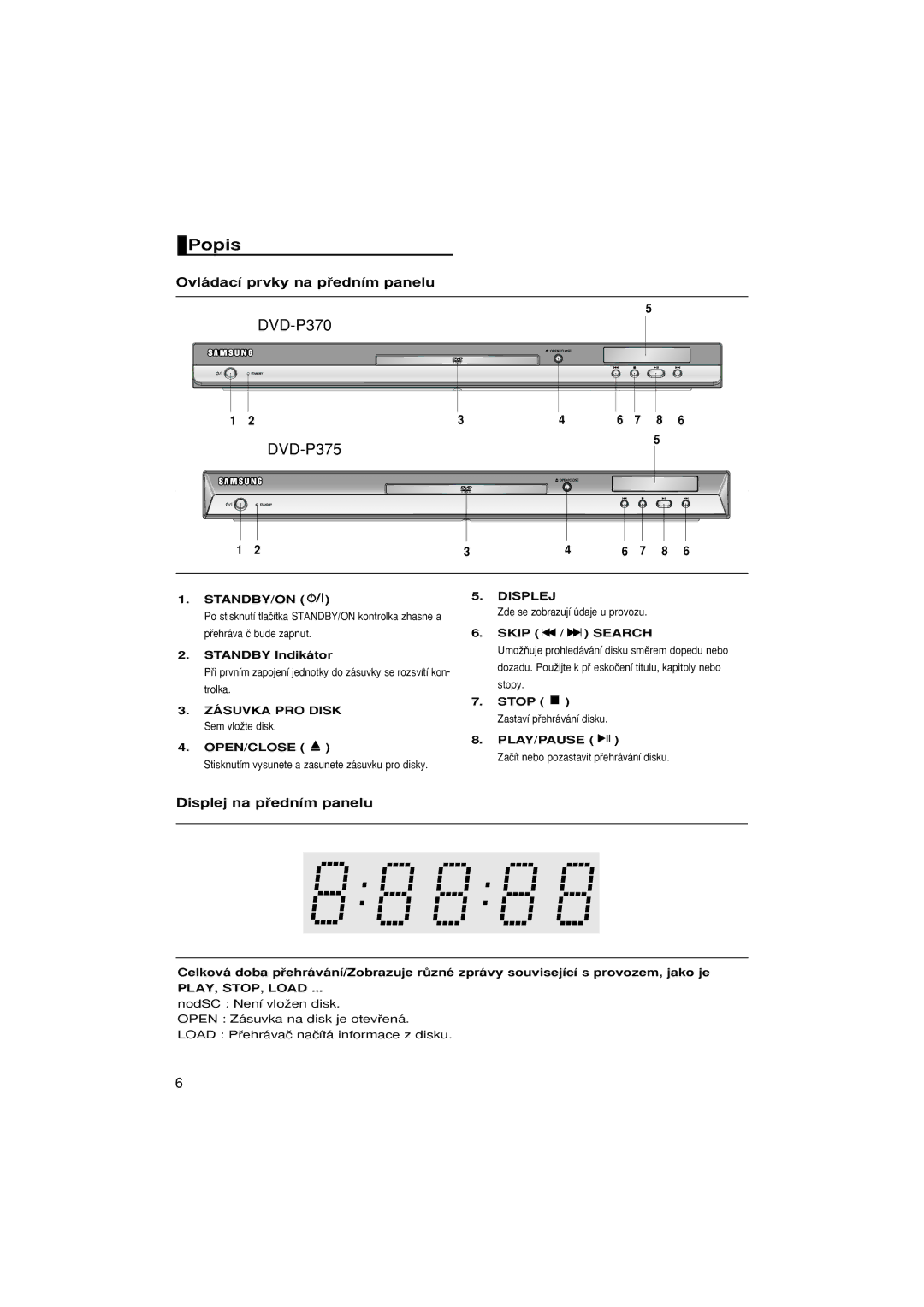 Samsung DVD-P370/NWT, DVD-P370/XEE Popis, Ovládací prvky na pﬁedním panelu, Displej na pﬁedním panelu, PLAY, STOP, Load 