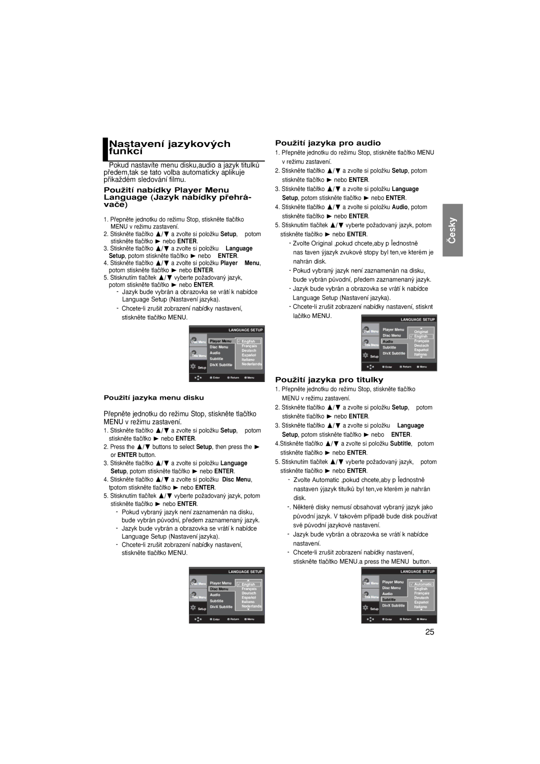 Samsung DVD-P370/XEE manual Nastavení jazykov˘ch funkcí, PouÏití jazyka pro audio, PouÏití jazyka pro titulky, Language 