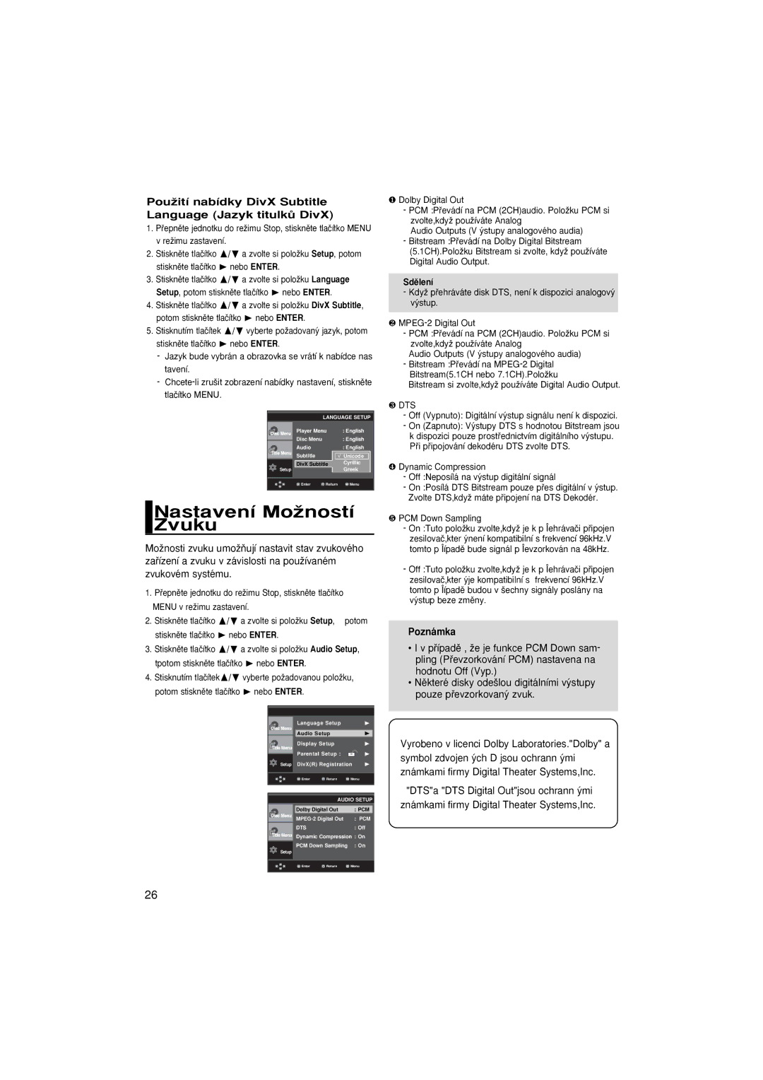 Samsung DVD-P370/NWT, DVD-P370/XEE PouÏití nabídky DivX Subtitle Language Jazyk titulkÛ DivX, Sdûlení, ❺ PCM Down Sampling 