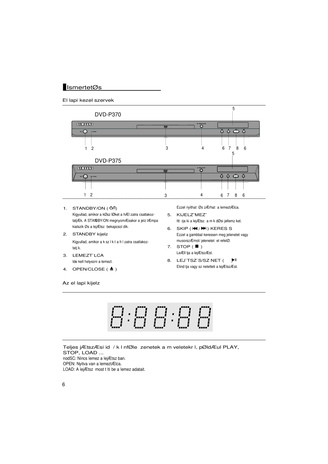 Samsung DVD-P370/XEE, DVD-P370/NWT manual Ismertetés, ElŒlapi kezelŒszervek, Kijelzãmezã 