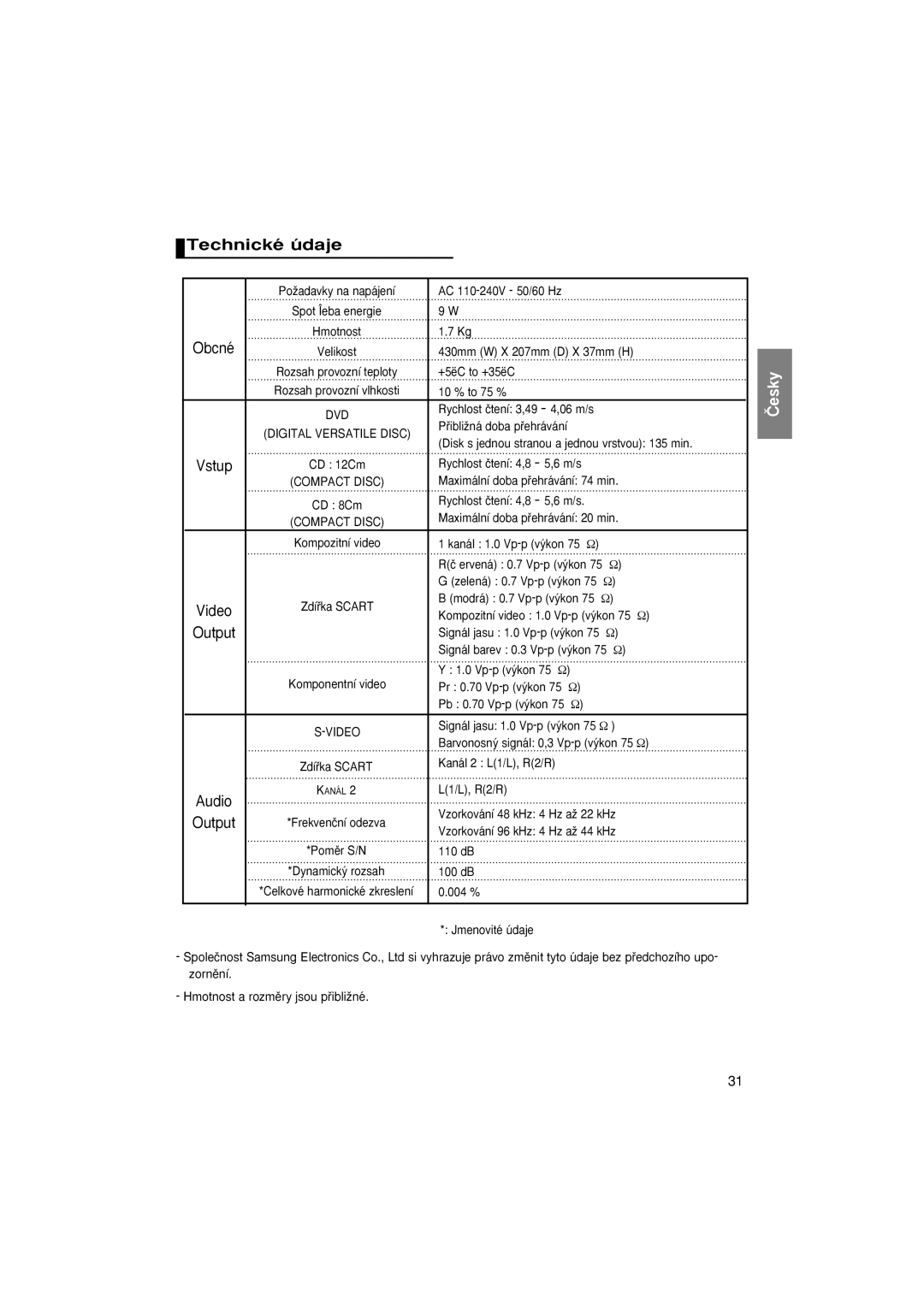 Samsung DVD-P370/XEE, DVD-P370/NWT manual Technické údaje 