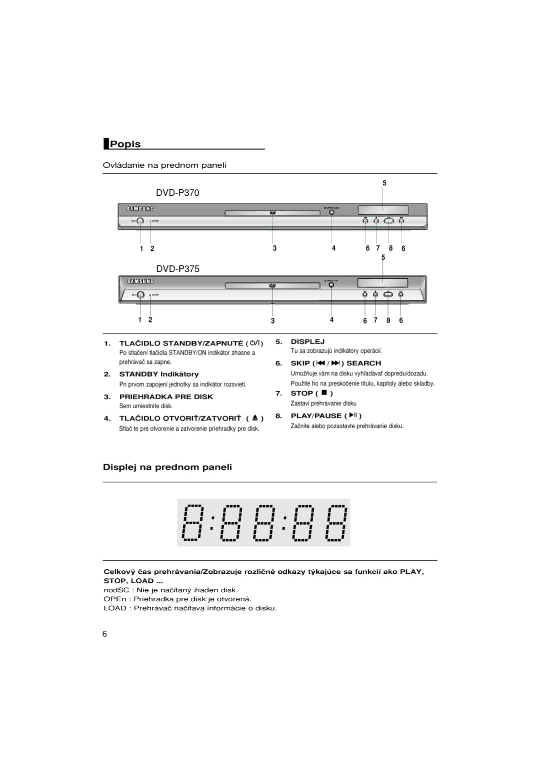 Samsung DVD-P370/XEE, DVD-P370/NWT manual Displej na prednom paneli, Ovládanie na prednom paneli, STOP, Load 