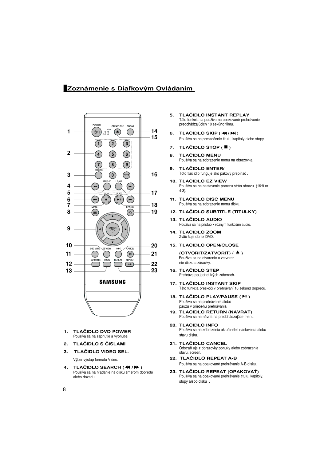 Samsung DVD-P370/XEE, DVD-P370/NWT manual Zoznámenie s Diaºkov˘m Ovládaním 