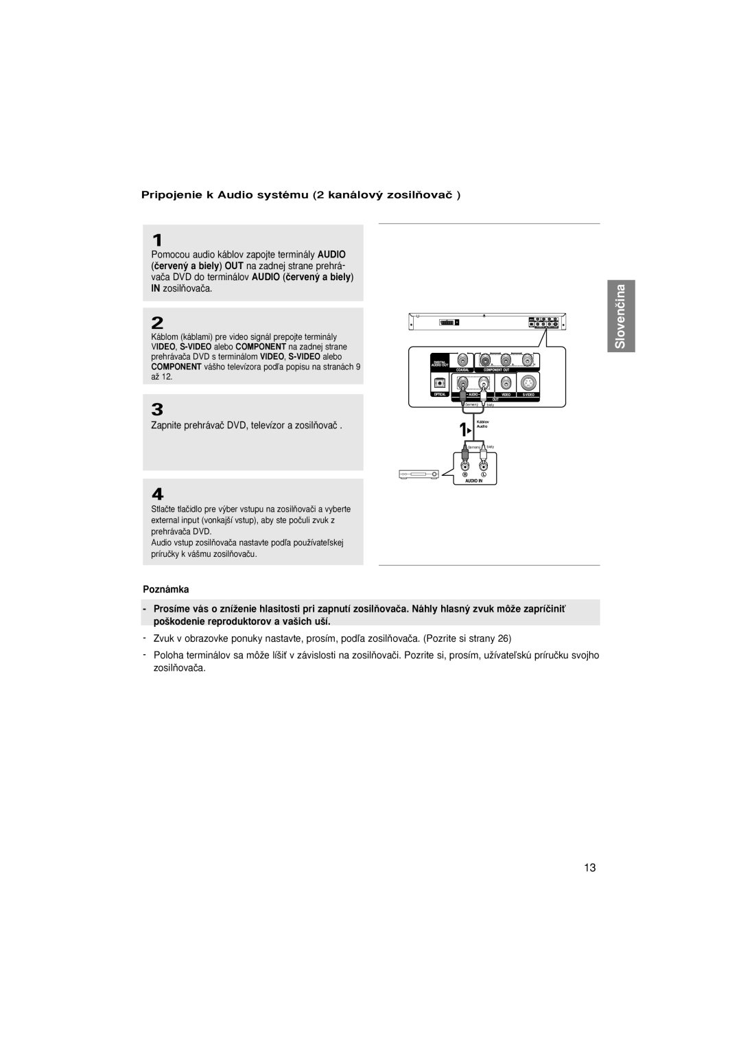 Samsung DVD-P370/NWT manual Pripojenie k Audio systému 2 kanálov˘ zosilÀovaã, Zapnite prehrávaã DVD, televízor a zosilÀovaã 