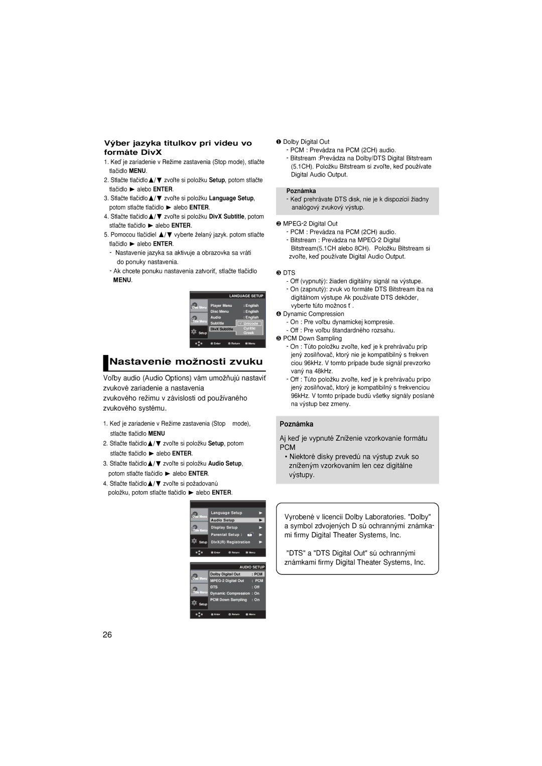 Samsung DVD-P370/XEE, DVD-P370/NWT manual Nastavenie moÏnosti zvuku, ˘ber jazyka titulkov pri videu vo formáte DivX 