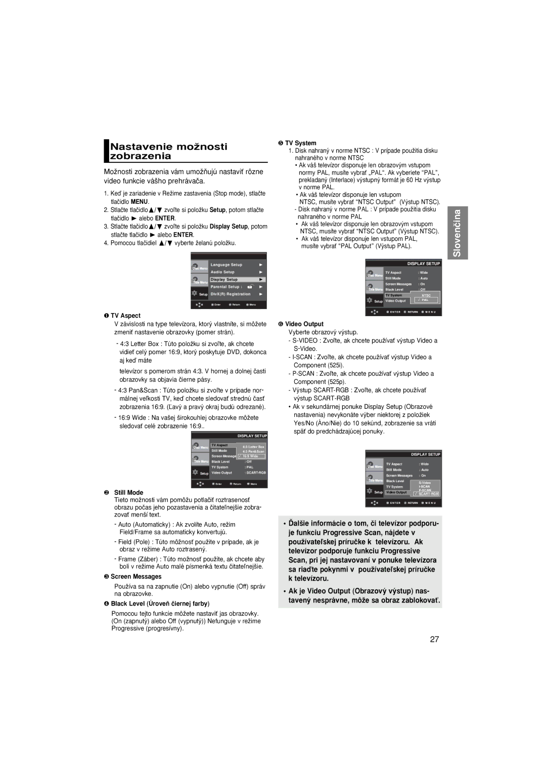 Samsung DVD-P370/NWT, DVD-P370/XEE manual Nastavenie moÏnosti zobrazenia, ❹ Black Level ÚroveÀ ãiernej farby 