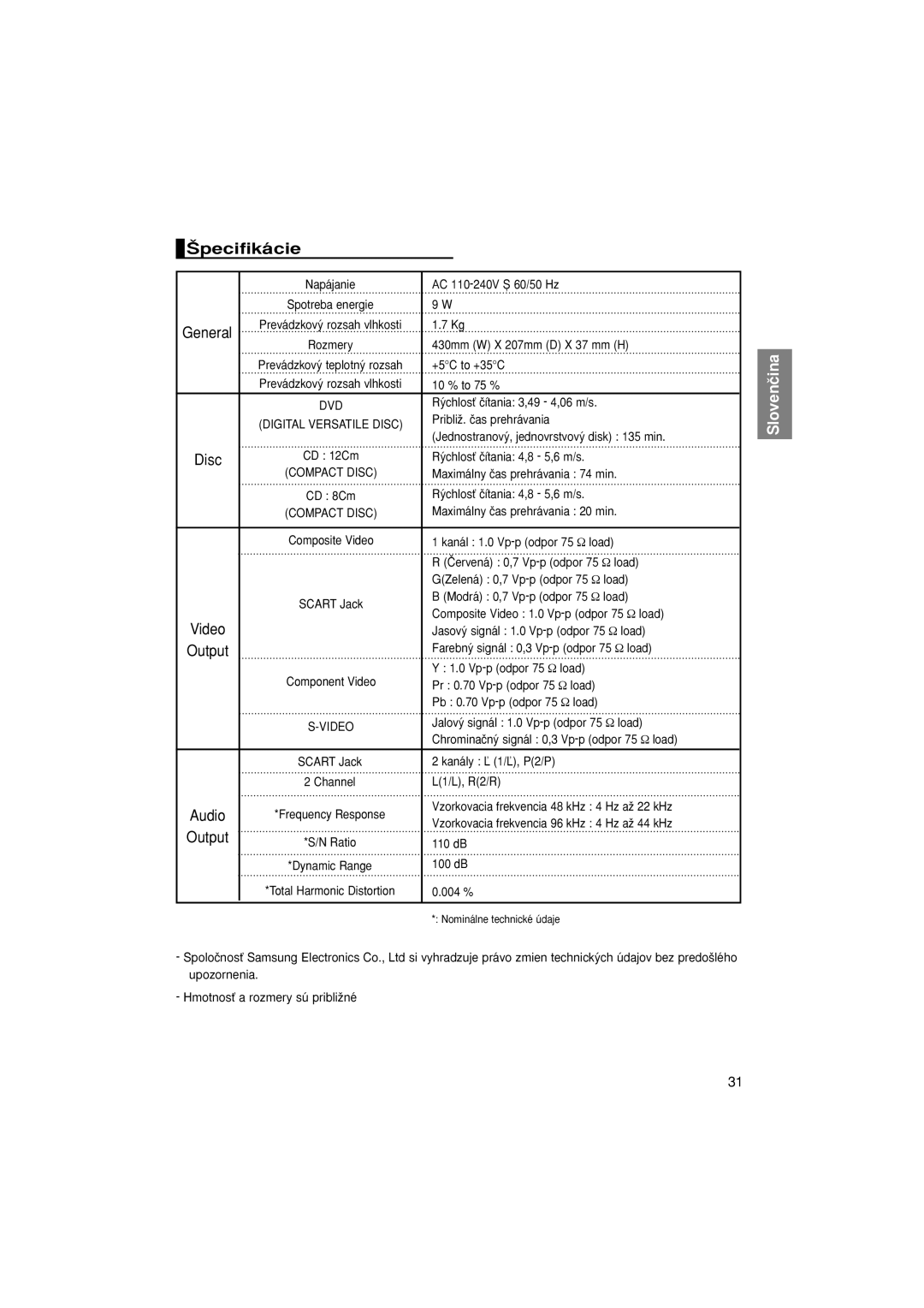 Samsung DVD-P370/NWT, DVD-P370/XEE manual ·pecifikácie 