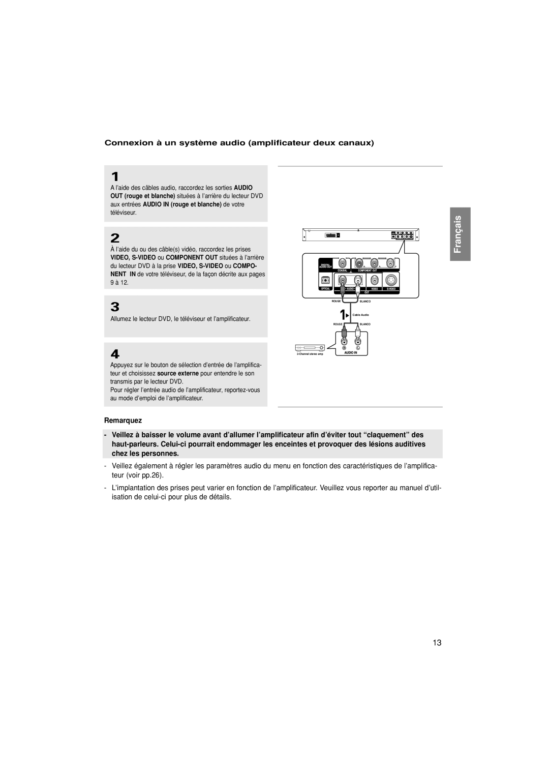 Samsung DVD-P370/XEF manual Connexion à un système audio amplificateur deux canaux 