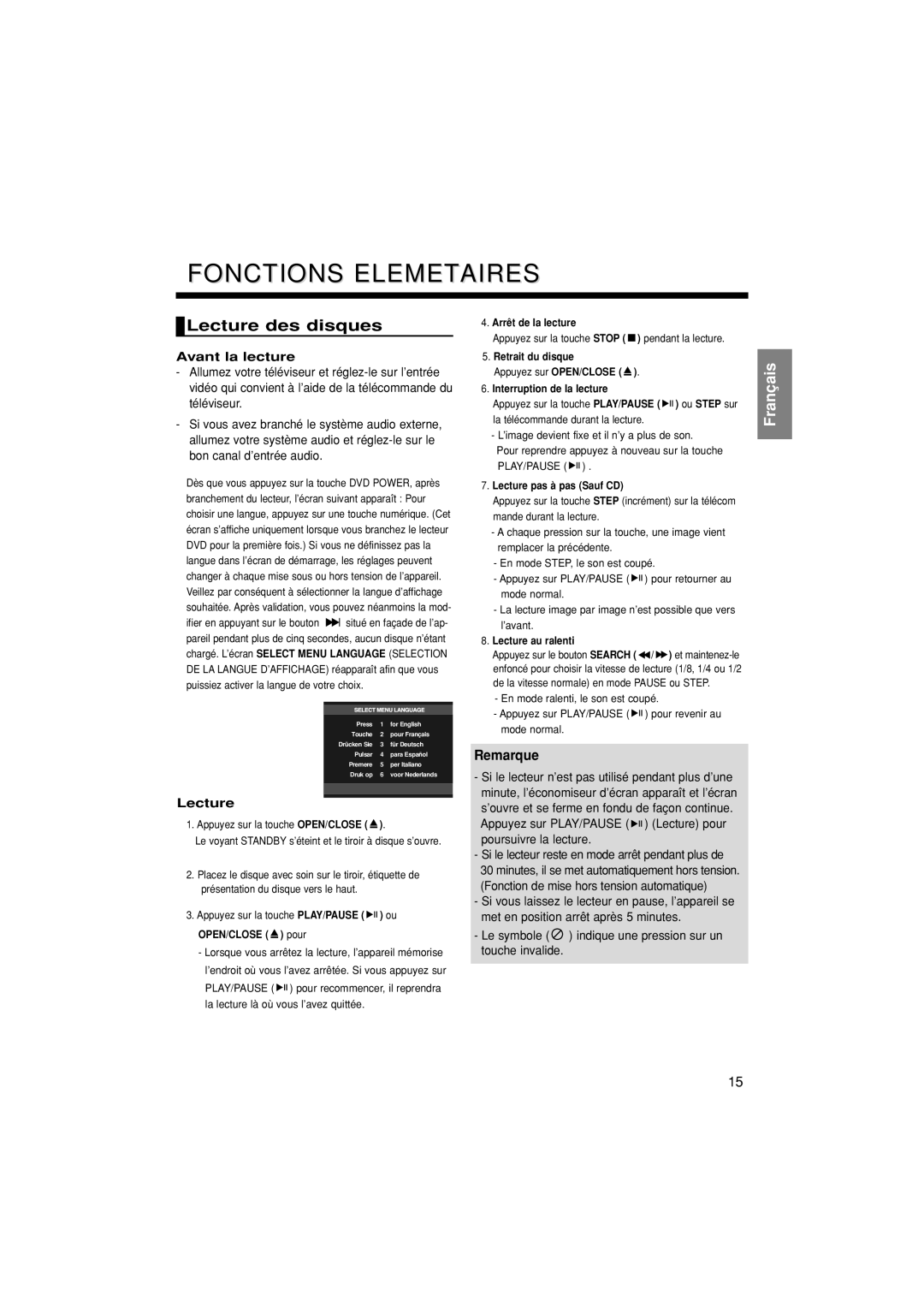 Samsung DVD-P370/XEF manual Fonctions Elemetaires, Lecture des disques, Avant la lecture 