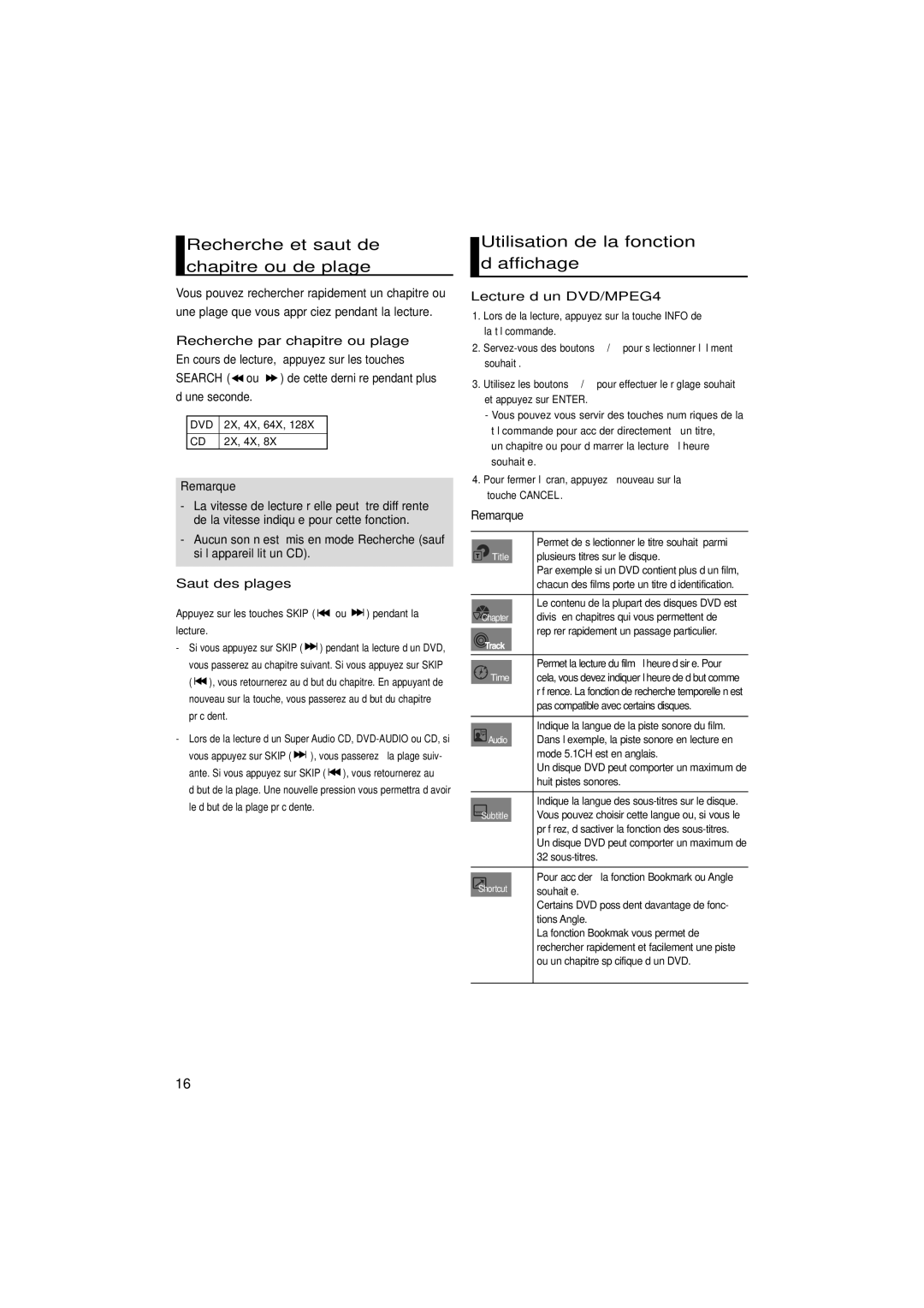 Samsung DVD-P370/XEF Recherche et saut de chapitre ou de plage, Utilisation de la fonction d’affichage, Saut des plages 