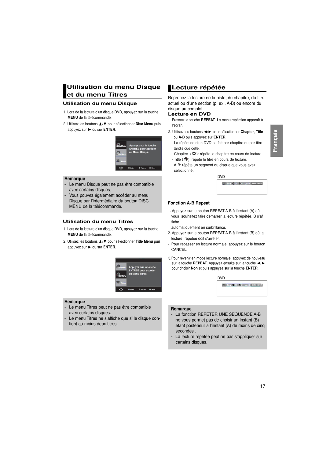 Samsung DVD-P370/XEF manual Utilisation du menu Disque et du menu Titres, Lecture répétée 