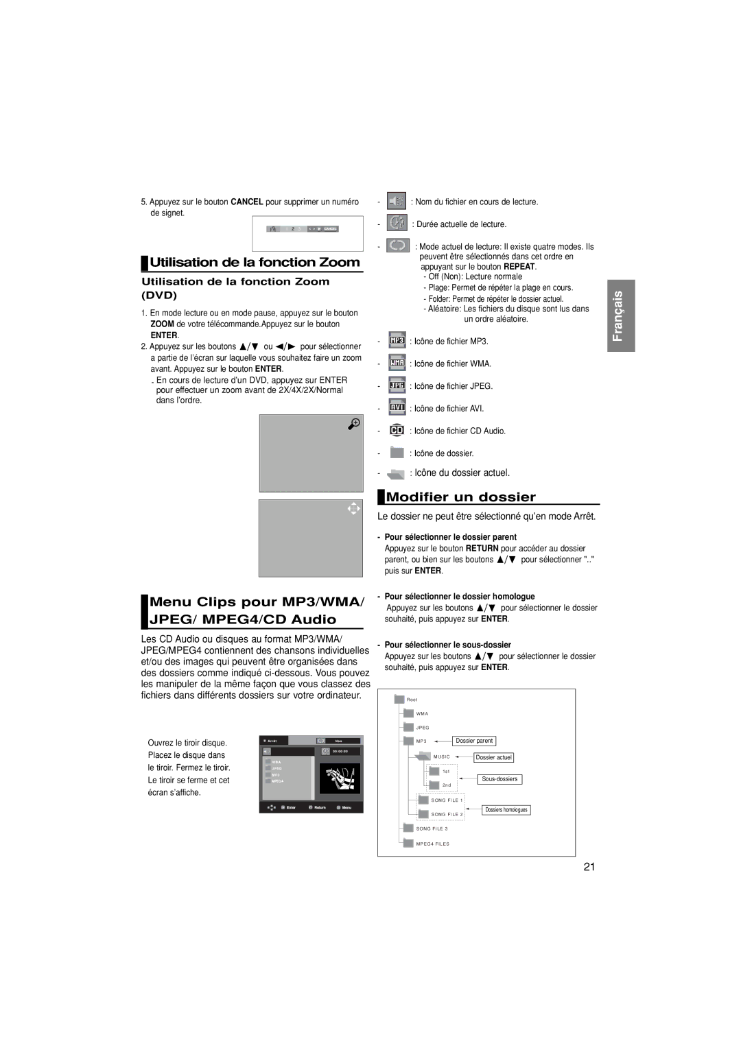 Samsung DVD-P370/XEF Utilisation de la fonction Zoom, Menu Clips pour MP3/WMA/ JPEG/ MPEG4/CD Audio, Modifier un dossier 