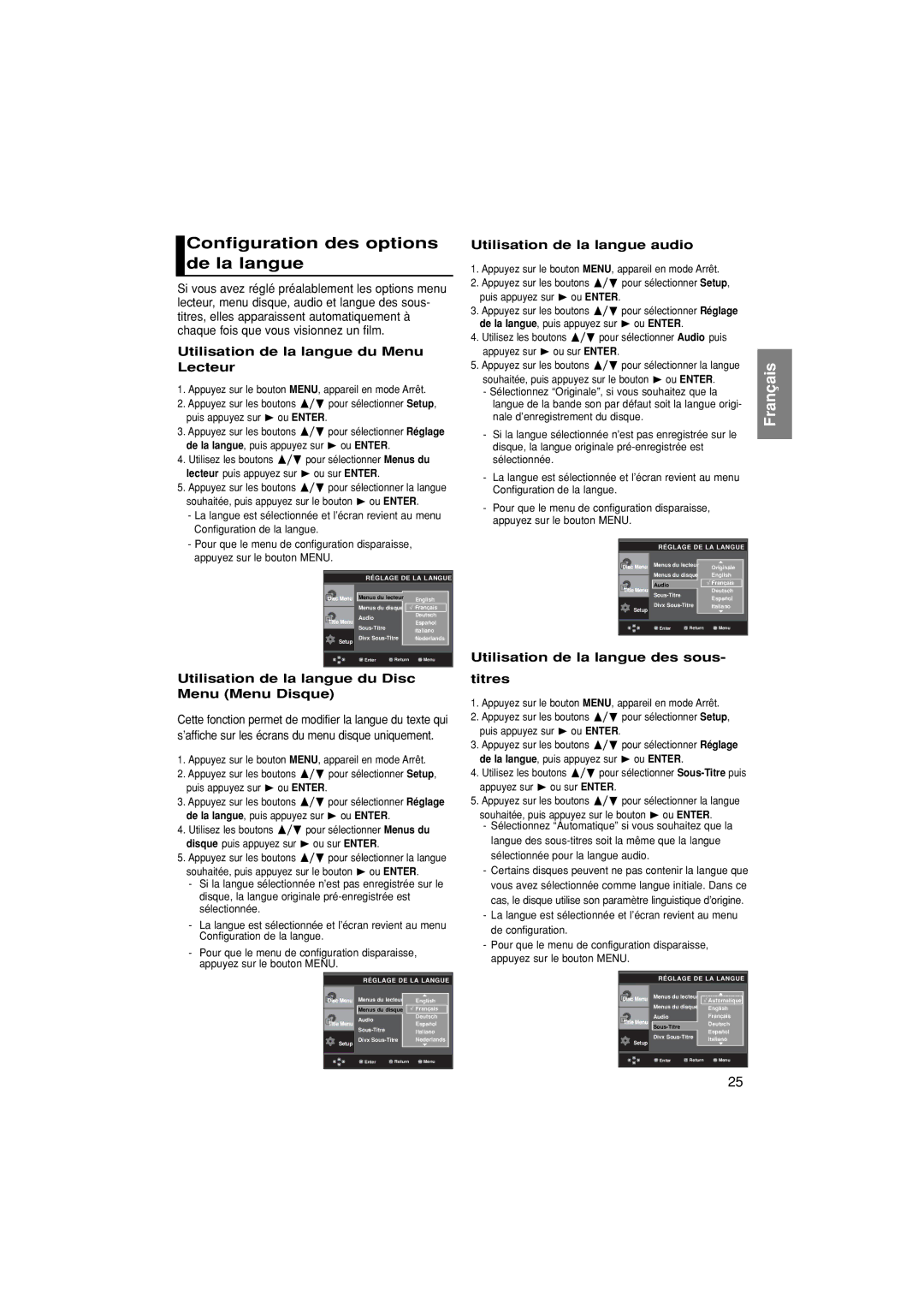 Samsung DVD-P370/XEF manual Configuration des options de la langue, Utilisation de la langue du Menu Lecteur 