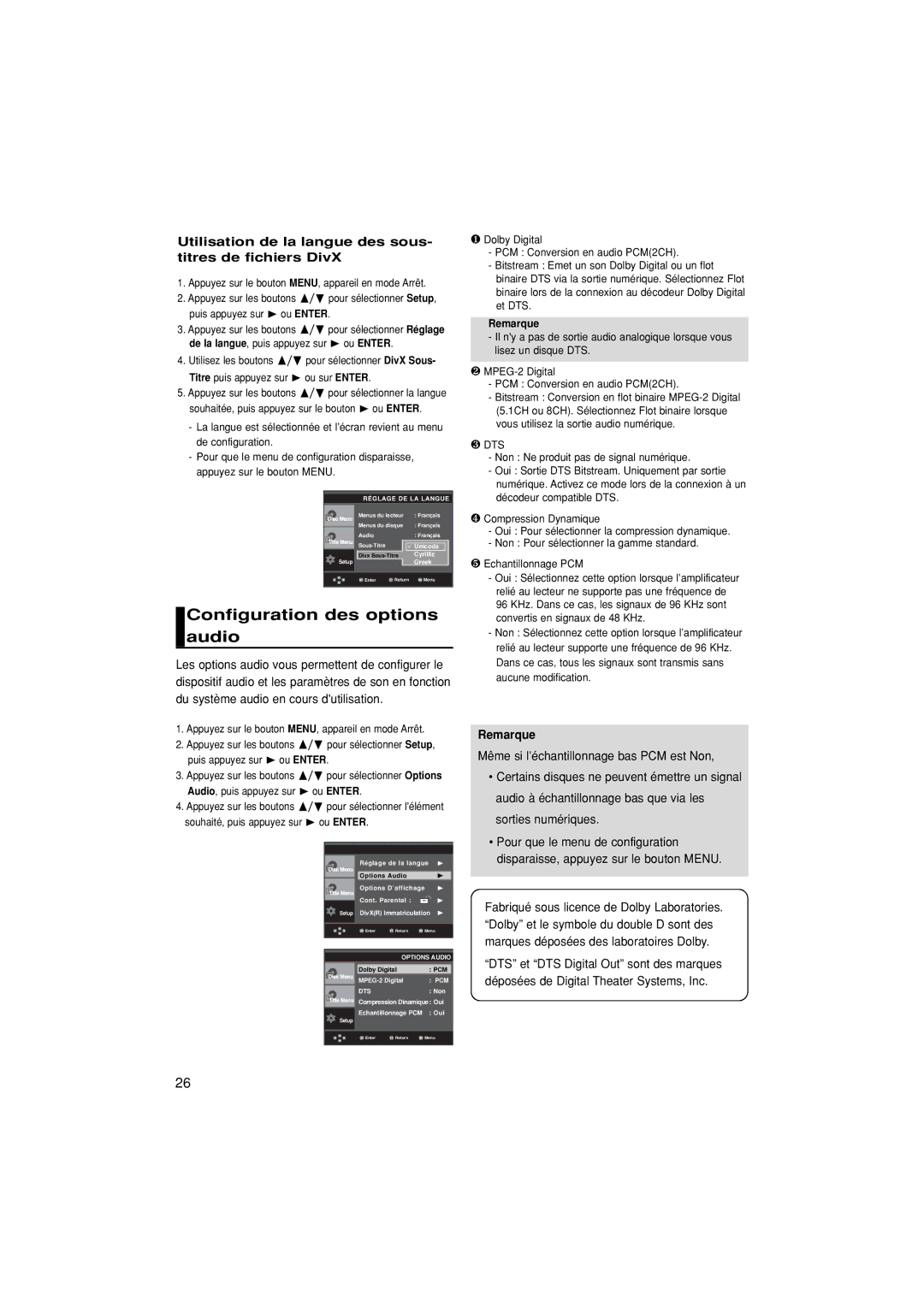 Samsung DVD-P370/XEF Configuration des options audio, Utilisation de la langue des sous- titres de fichiers DivX, Remarque 