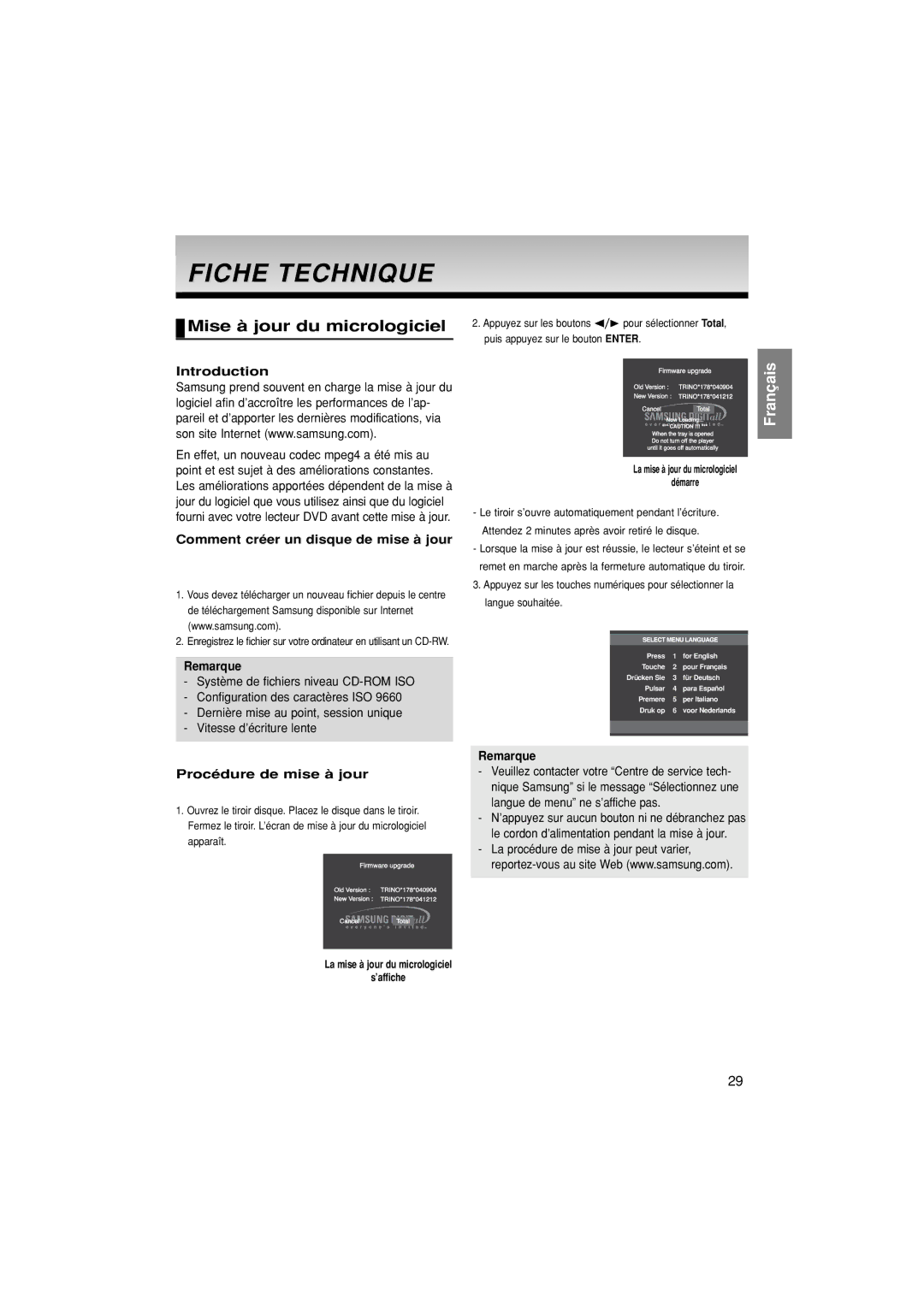 Samsung DVD-P370/XEF Fiche Technique, Mise à jour du micrologiciel, Introduction, Comment créer un disque de mise à jour 