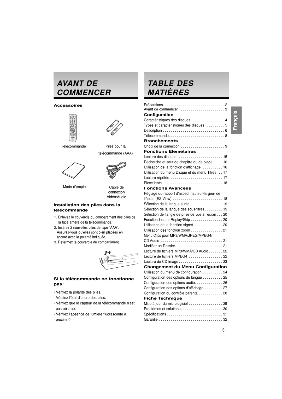 Samsung DVD-P370/XEF manual Avant DE Commencer, Table DES Matières 