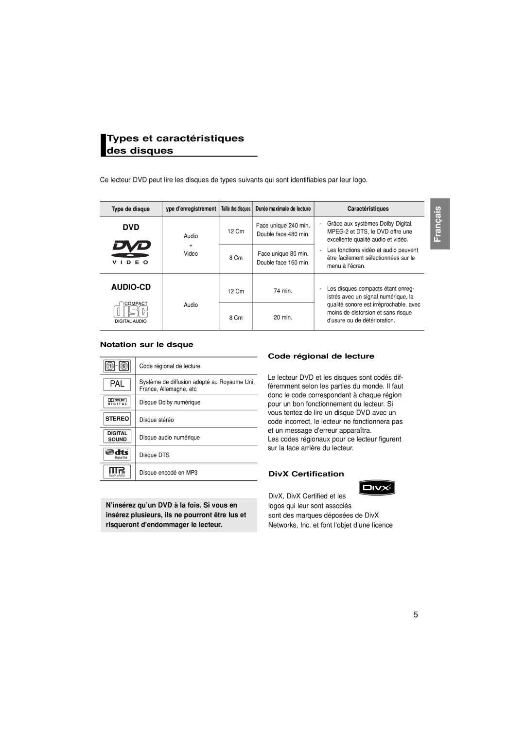 Samsung DVD-P370/XEF manual Types et caractéristiques des disques 