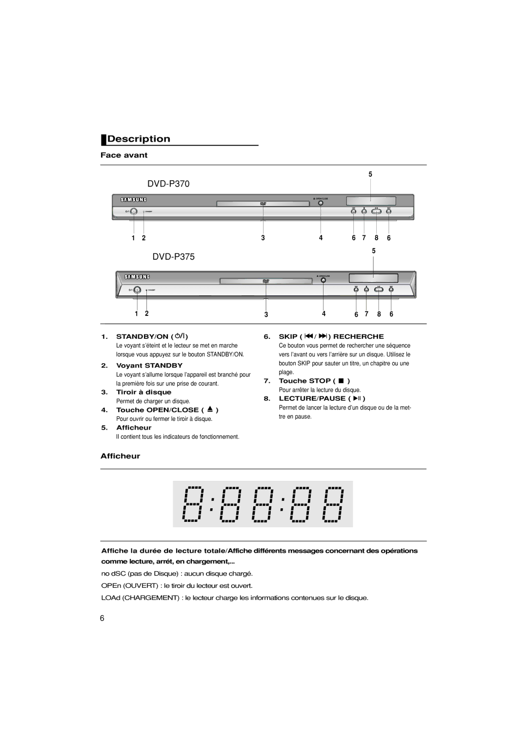 Samsung DVD-P370/XEF manual Description, Face avant, Afficheur 