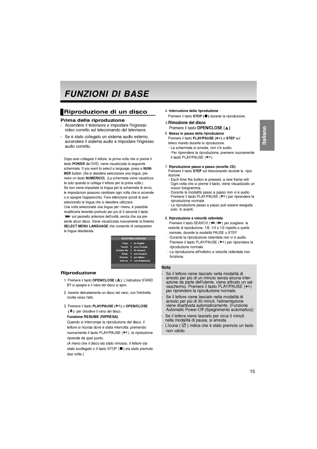 Samsung DVD-P370/XET manual Funzioni DI Base, Riproduzione di un disco, Prima della riproduzione, Rimozione del disco 