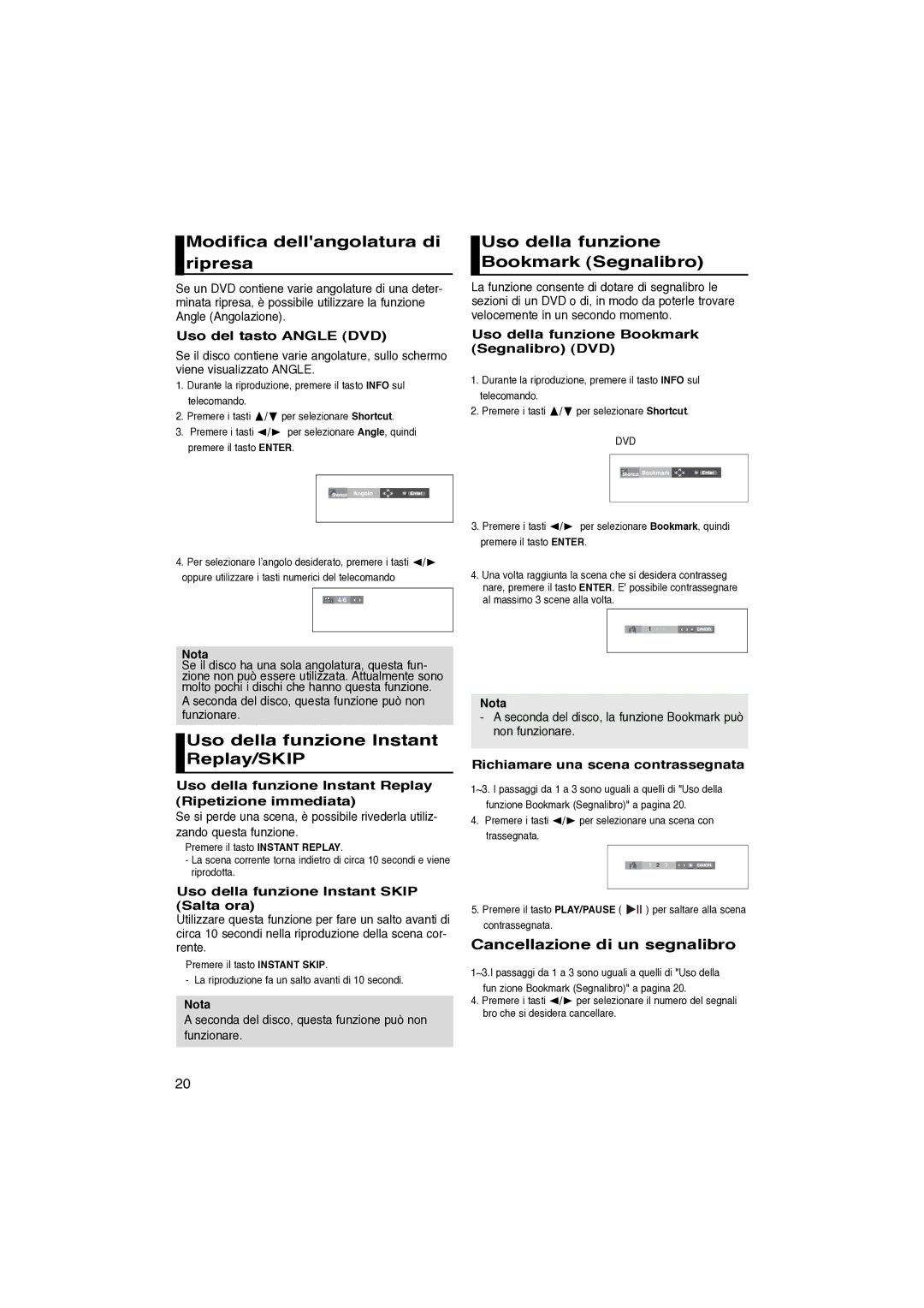 Samsung DVD-P370/XET manual Modifica dellangolatura di ripresa, Uso della funzione Bookmark Segnalibro 