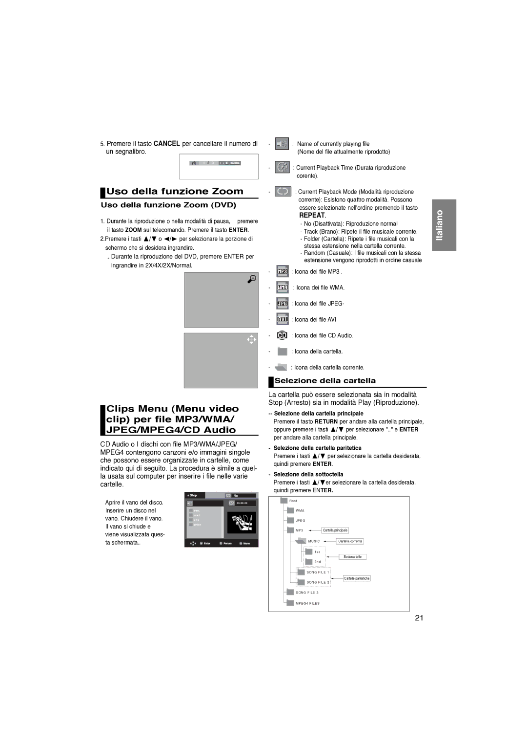 Samsung DVD-P370/XET manual Uso della funzione Zoom DVD, Selezione della cartella 