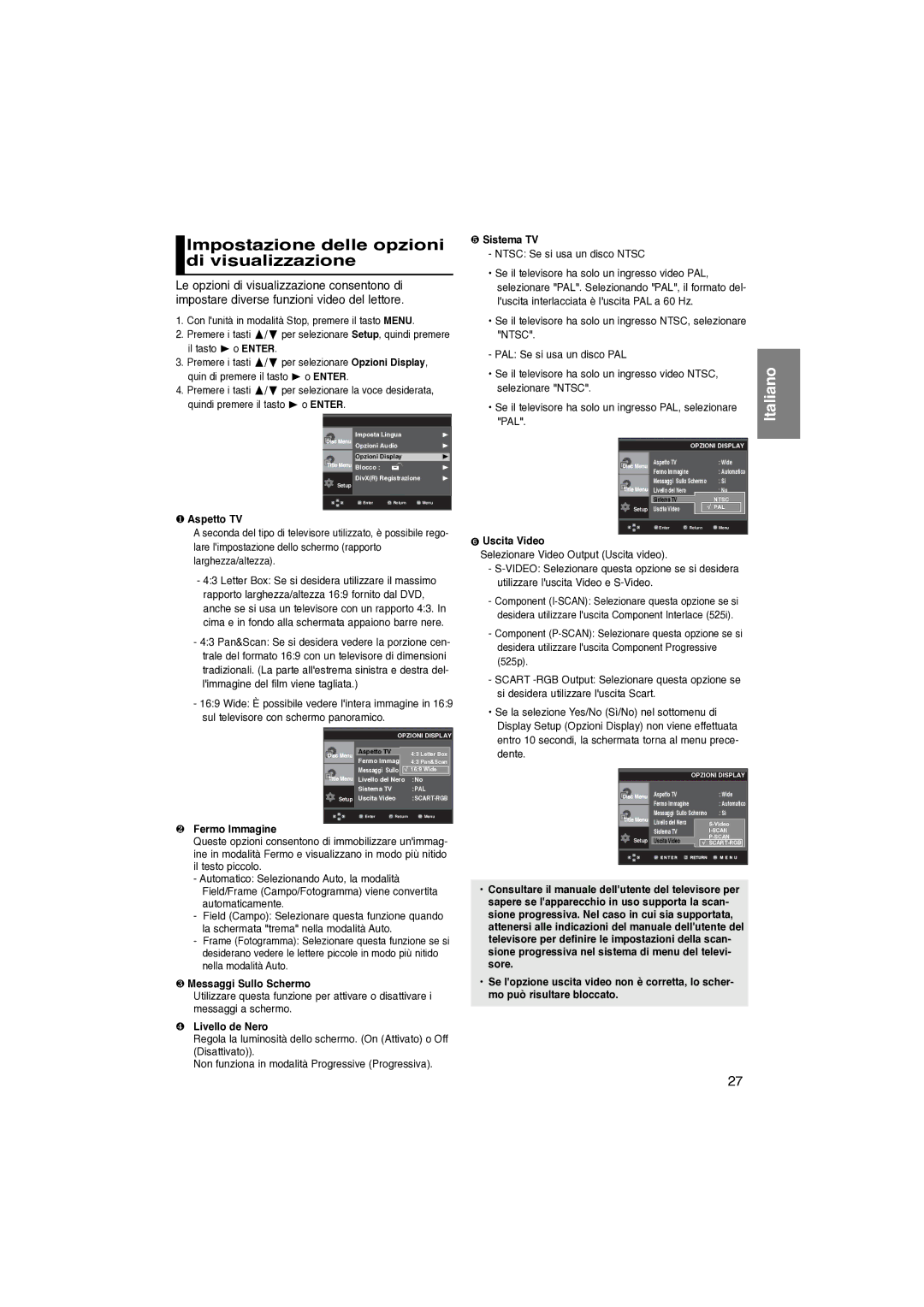 Samsung DVD-P370/XET manual Impostazione delle opzioni di visualizzazione 