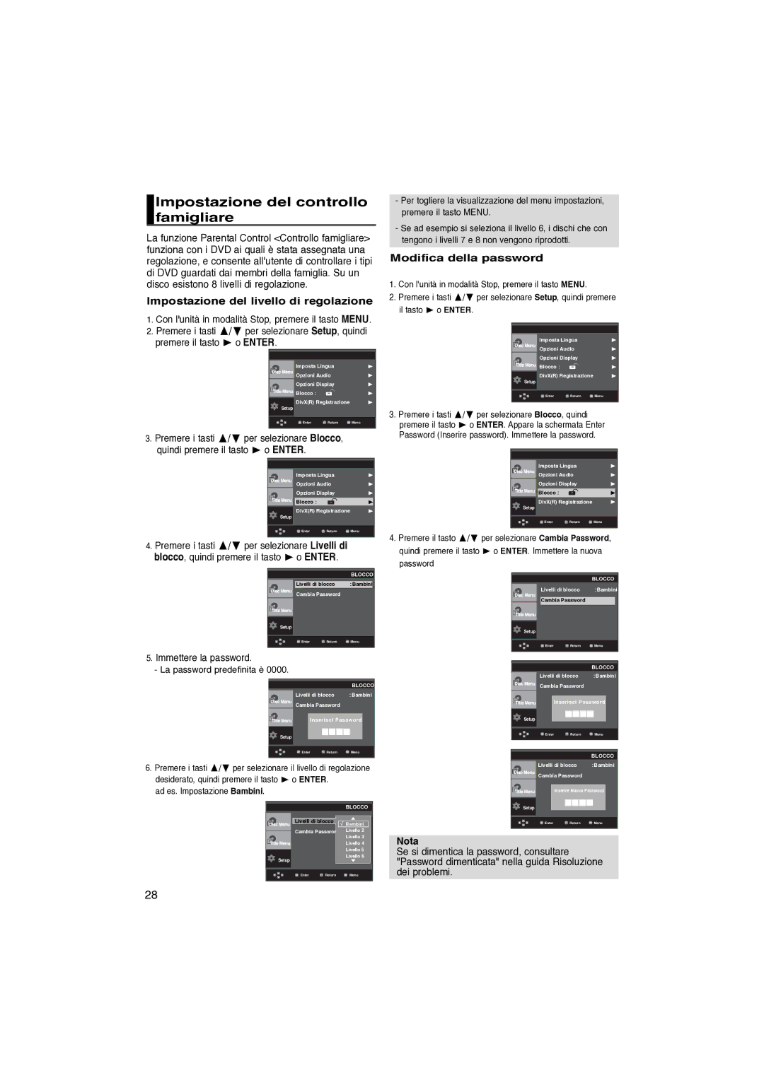 Samsung DVD-P370/XET Impostazione del controllo famigliare, Impostazione del livello di regolazione, Immettere la password 