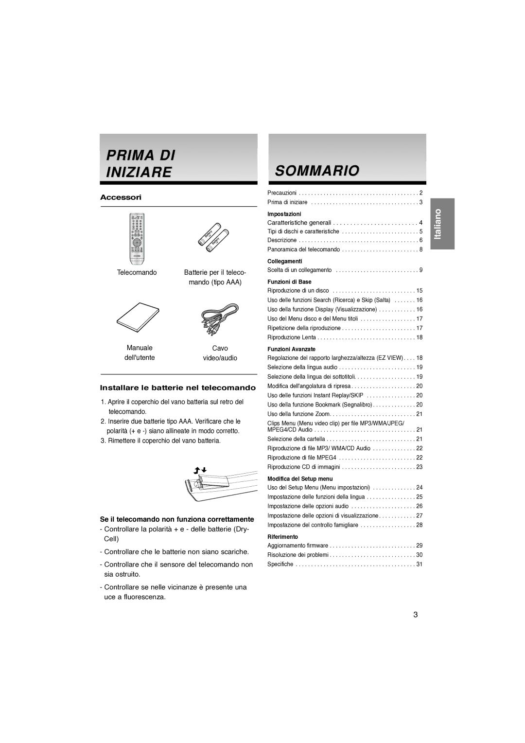 Samsung DVD-P370/XET manual Prima DI Iniziare, Sommario, Accessori, Installare le batterie nel telecomando 