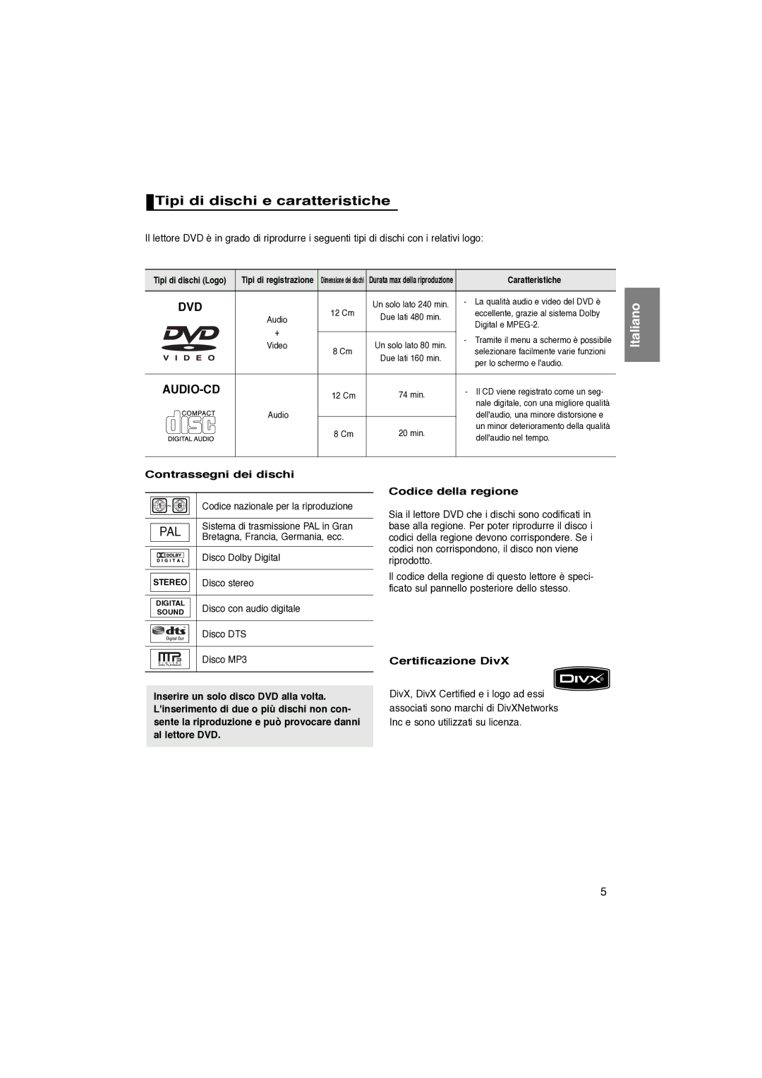 Samsung DVD-P370/XET manual Tipi di dischi e caratteristiche, Contrassegni dei dischi, Certificazione DivX 