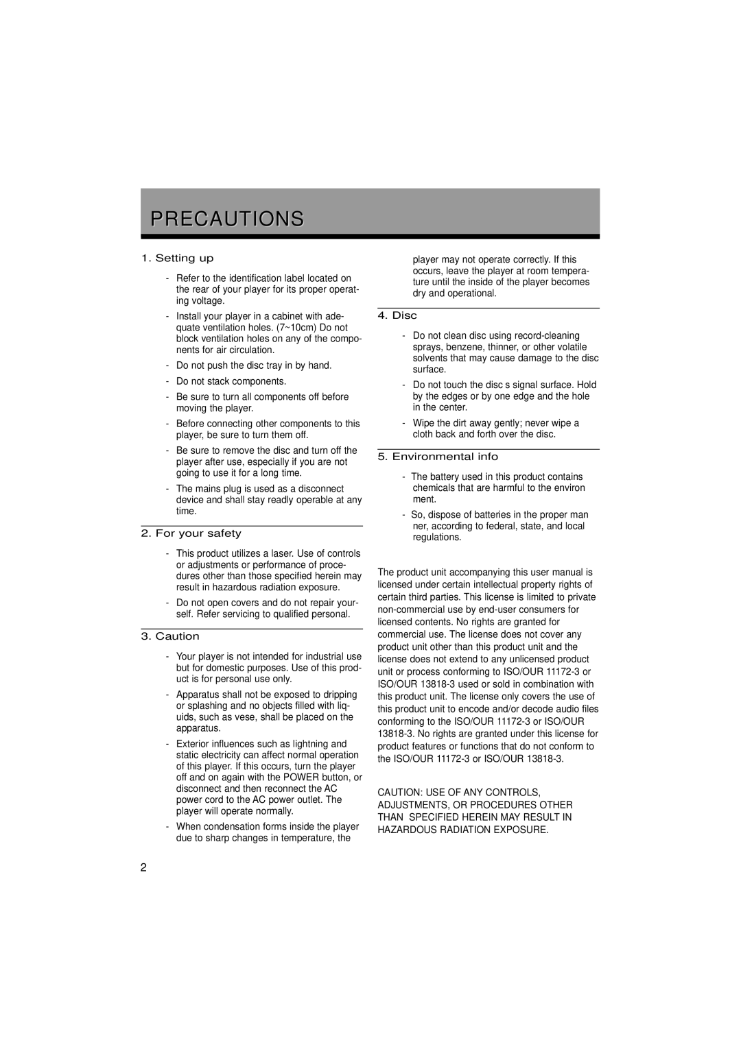 Samsung DVD-P375/UMG, DVD-P375/AFR, DVD-P375/XSG manual Precautions, Setting up, For your safety, Disc, Environmental info 