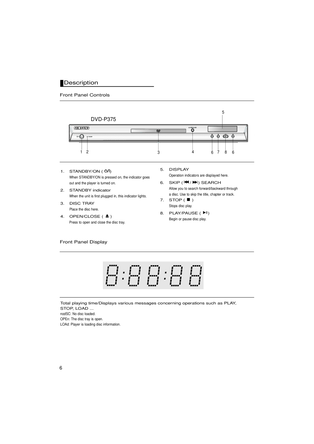 Samsung DVD-P375/AFR, DVD-P375/XSG, DVD-P375/UMG manual Description, Front Panel Controls, Front Panel Display 