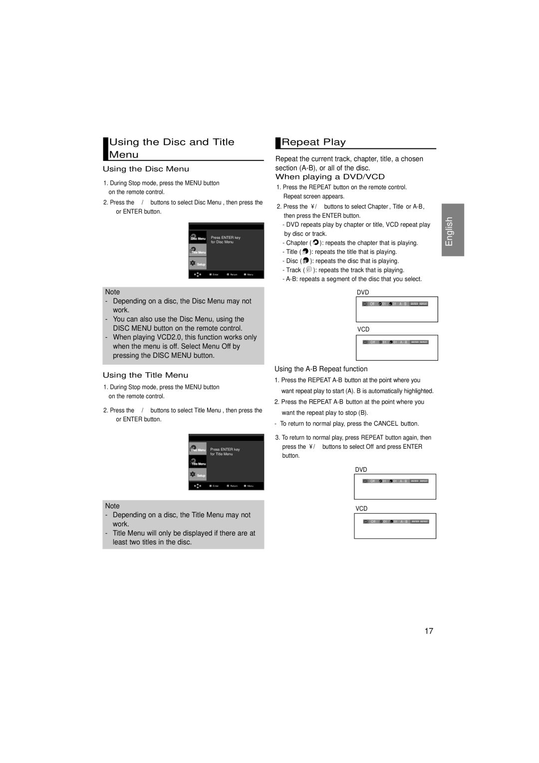 Samsung DVD-P375/UMG, DVD-P375/AFR, DVD-P375/XSG manual Using the Disc and Title Menu, Repeat Play 